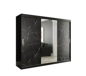 Elegant Black Geneva T1 Sliding Door Wardrobe W2500mm H2000mm D620mm - Spacious Design, Gold Handles, Mirrored Door