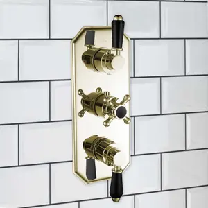 ENKI Regent English Gold Black Crosshead 2-Outlet Solid Brass Thermostatic Triple Shower Valve TSV041