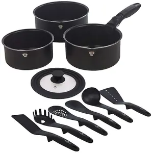 BLAUMANN 11 Pcs Black Matt Colour Aluminium Induction Space Saving Cookware Saucepan Pan Set Detachable Handle with 6 Tools