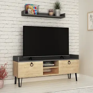 Decortie Keday Modern TV Unit Multimedia Centre Oak Anthracite Grey with Wall Shelf Unit 140cm