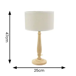 ValueLights Victoria Light Wood Candlestick Table Lamp with Linen White Trim Drum Lamp Shade and LED Bulb