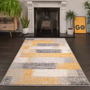 Yellow Ochre Grey Distressed Striped Block Living Room Rug 190x280cm