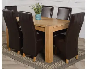 Kuba 150 x 85 cm Chunky Medium Oak Dining Table and 6 Chairs Dining Set with Lola Brown Leather Chairs