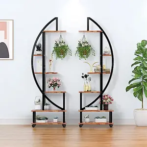 2Pcs 6 Tier Rustic Brown Crescent Wood Plant Stand Display Shelf with 4 Casters 146cm (H)