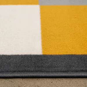 Ochre Grey Block Geometric Living Room Runner Rug 60x240cm