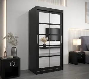 Roma II Black Modern Sliding Door Wardrobe H2000mm W1000mm D620mm with Mirrored Panels