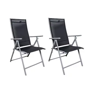 Set of 2 Outdoor Garden Patio Multi Position Reclining Folding Chair in Black and Silver