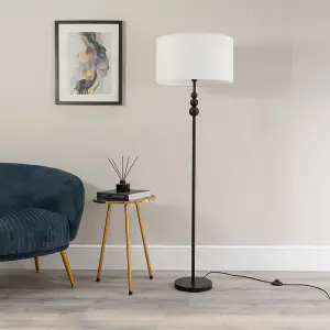 ValueLights Marissa Matt Black Stacked Ball Floor Lamp with White Drum Shade - LED Bulb Included