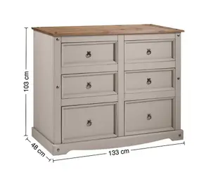 Mercers Furniture Corona Grey Wax 6 Drawer Wide Chest of Drawers Solid Pine with Mexican Styling