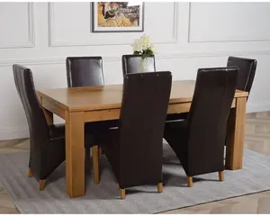 Dakota 182 x 92 cm Chunky Oak Large Dining Table and 6 Chairs Dining Set with Lola Brown Leather Chairs