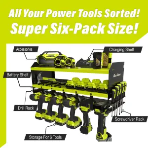 Power Tool Storage Organiser Rack Drill Holder - 6 Slot (Ryobi Green)