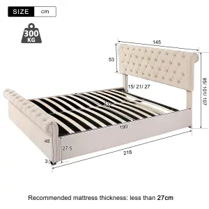 Modern Ottoman Velvet Double Bed Frame 4FT6 Tufted Headboard with Large Under Bed Storage Beige Cream 135x190cm