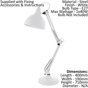 Table Desk Lamp Adjustable Colour White Flexible In Line Switch Bulb E27 1x40W