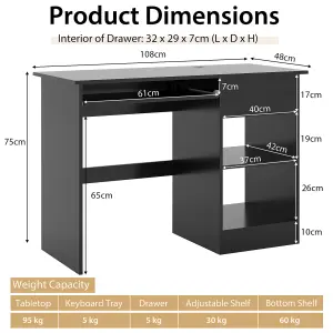 COSTWAY Wooden Computer Desk with Pull-out Keyboard Tray Black Office Desk