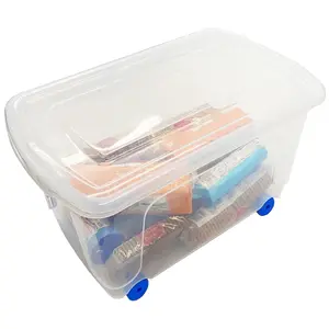 3 x Wheelie Plastic Storage Boxes 70 Litre With Lids & Built In Wheels Reinforced Base For Home & Office