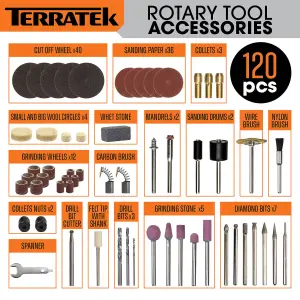 Terratek Rotary Tool Kit 135W&  Accessory Set Variable Speed 8000-33000rpm Ideal for DIY Woodwork & Hobby Craft Dremel Compatible