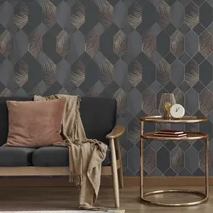 Miami Geometric Leaf Wallpaper Charcoal / Copper Fine Decor FD42833