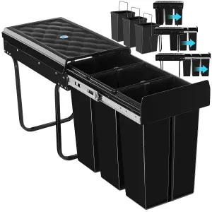 Kitchen Bin Ashlyn - 3 compartments, telescopic rails, 30L total capacity - black