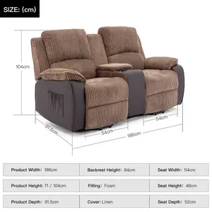 Postana Single Motor Rise Recliner 2 Seater Jumbo Cord Drinks Console Mobility Sofa (Brown)