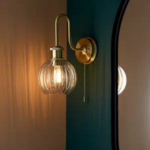 Luminosa Marsala Bathroom Glass Wall Lamp, Satin Brass Plate, Ribbed Glass, IP44