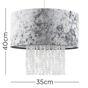 ValueLights Boland Silver Velvet Cylinder Ceiling Pendant Light Shade with Clear Acrylic Droplets