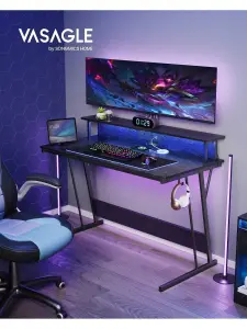 VASAGLE Gaming Desk With LED Lights And Built-In Power Outlets, Computer Desk With Monitor Shelf, Gaming Table For 2 Monitors