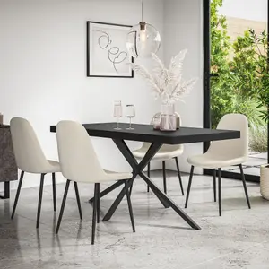 Donni Dining Table And Chairs -  Black Table Top w Black Legs + Maya Boucle Dining Chair Set Of 4 (Ivory White)