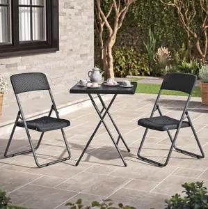 URBNGARDEN 82cm Height 3 Pcs Black Rattan Design Folding Square Table & Chairs Set