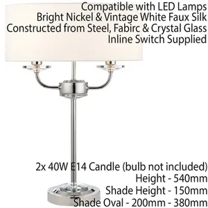 Twin Light Table Lamp Bright Nickel & White Shade Crystal Trim Bedside Feature