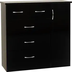 Nevada 5 Drawer 1 Door Low Wardrobe in Black Gloss Finish