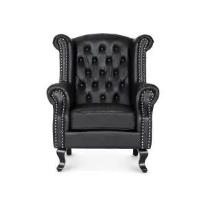 Faux Leather Balmoral Wing Back Chair with Buttons Black