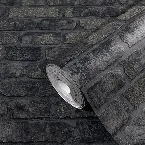 Galerie Industrial Effects Black Glass Stone Brick Effect Wallpaper Roll