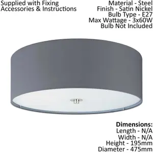 Flush Ceiling Light Colour Satin Nickel Shade Grey Fabric Glass Bulb E27 3x60W