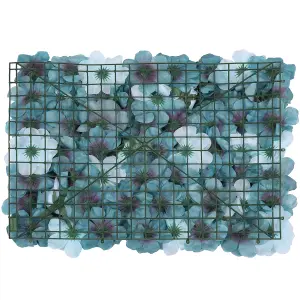 Artificial Flower Wall Backdrop Panel, 60cm x 40cm, Turquoise Blue with Leaves