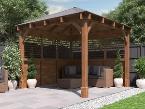 Dunster House Wooden Gazebo Kit Louvre Wall 3m x 3m Heavy Duty Garden Shelter Roof Shingles Leviathan