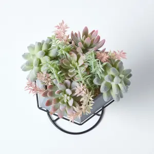 Homescapes Artificial Cactus and Succulent Arrangement in Decorative Geometric Grey Pot, 31 cm Tall