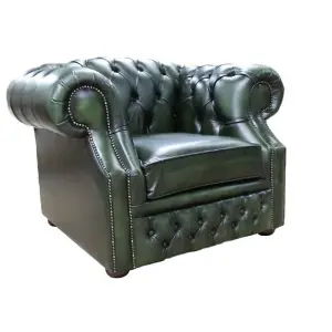 Chesterfield Club Chair Antique Green Real Leather In Buckingham Style