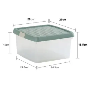 Wham Clip 4x 9L Square Plastic Storage Boxes with Secure Clip Lock Lids. L:29 x W:29 x H:15.5cm Clear/Green Milieu/Stone