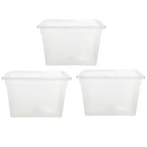 3 x 64 Litre Strong Clear Transparent Storage Containers Ideal For Clothes & Books