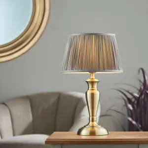 Table Lamp Antique Brass & Charcoal Grey Silk 60W E27 Bedside Light e10524