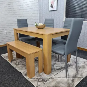 Dining Table and 4 Chairs With Bench Oak Effect Wood 4 Grey Leather Chairs Dining Room