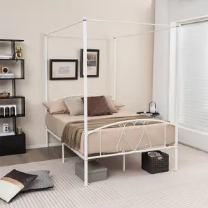 Costway Double Size Metal Canopy Bed Frame 4-Poster Modern Platform Wooden Slat Support