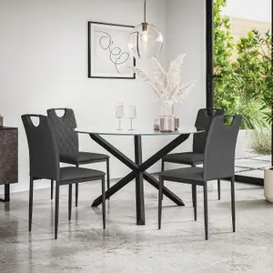 Malvern Round Dining Table And Chairs - Clear Glass Table Top w Solid Oak Black Legs + 4 Monza Fabric Dining Chairs (Charcoal)