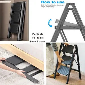 Black 3 Step Ladder Folding Metal Non Slip Stool Heavy Duty Carbon Steel