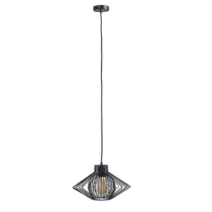 ValueLights Retro Matt Black Ceiling Pendant Light Fitting With Black Geometric Wire Shade