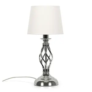 ValueLights Memphis Silver Chrome Twist Table Lamp with a Fabric Lampshade Bedroom Bedside Light - Bulb Included