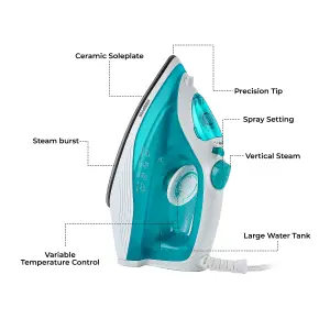 Geepas 1750W Dry & Wet Steam Iron Temperature Control, Non-Stick Soleplate, Blue