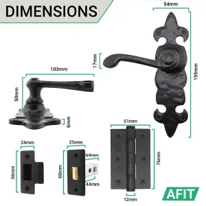 AFIT Black Antique Fleur De Lys Door Handle Latch Set - 5 Pairs Cast Iron Internal Lever Latch Handles, Hinges 76mm & Latch 64mm