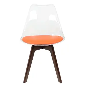 Soho Clear and Orange Plastic Dining Chair with Squared Dark Wood Legs