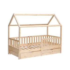 FurnitureHMD Wooden Kids Bed Frame,Solid Pine Wood,3 FT Single House Bed Frame,Chidren Floor Bed with Two Drawers